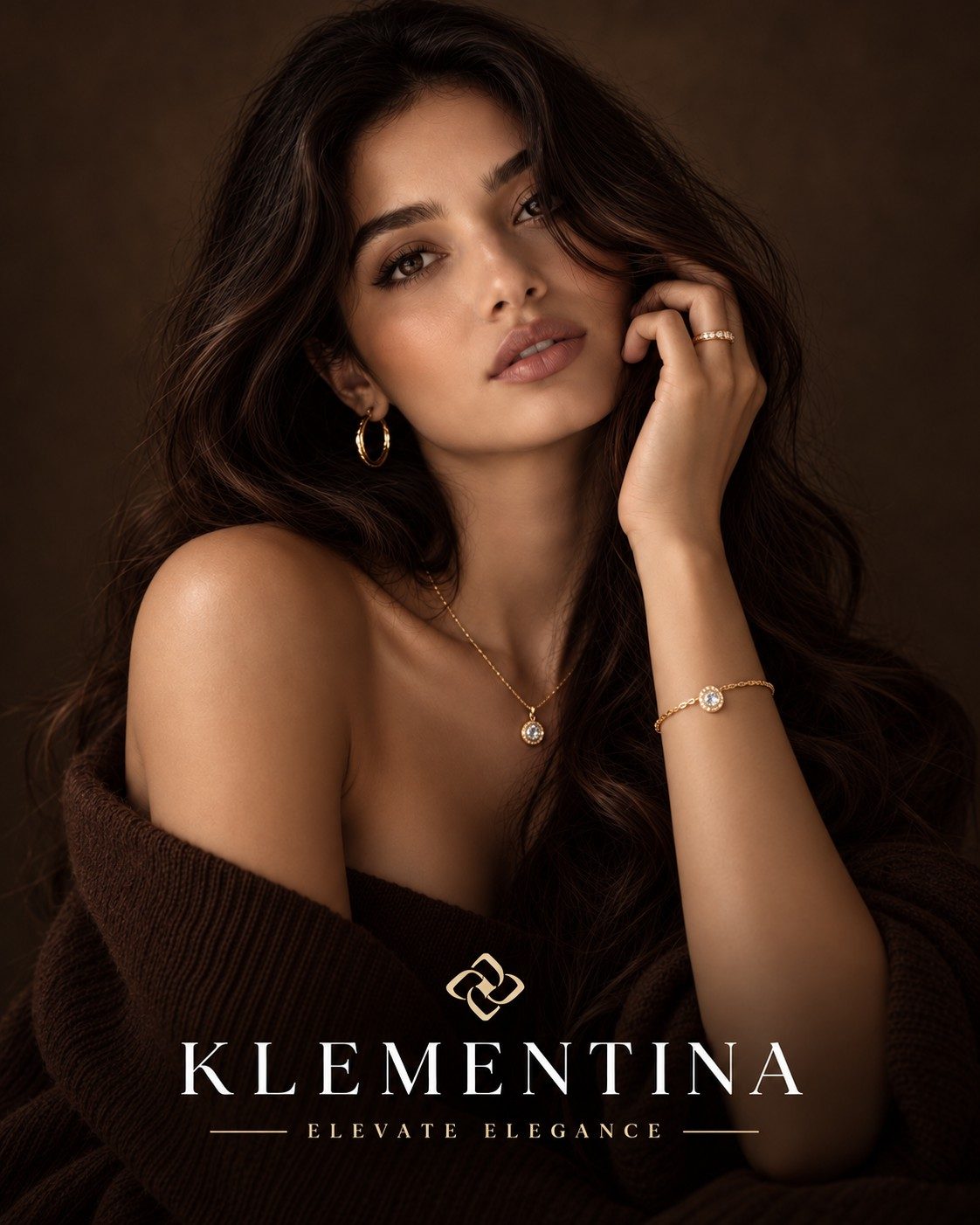 Klementina signature collection model wearing gold jewellery